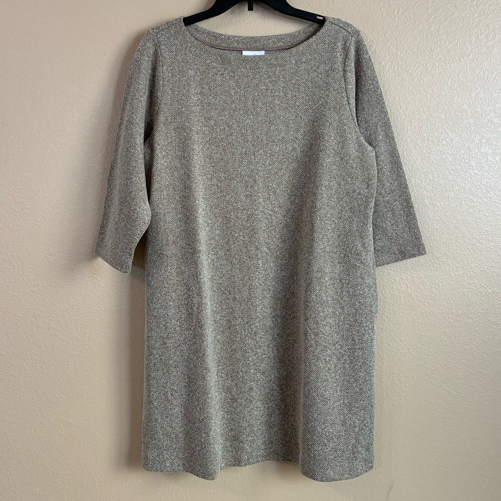 J Jill New Size LP Tan Cream Herringbone Knit Dress 3/4 Sleeves Pockets Pullover